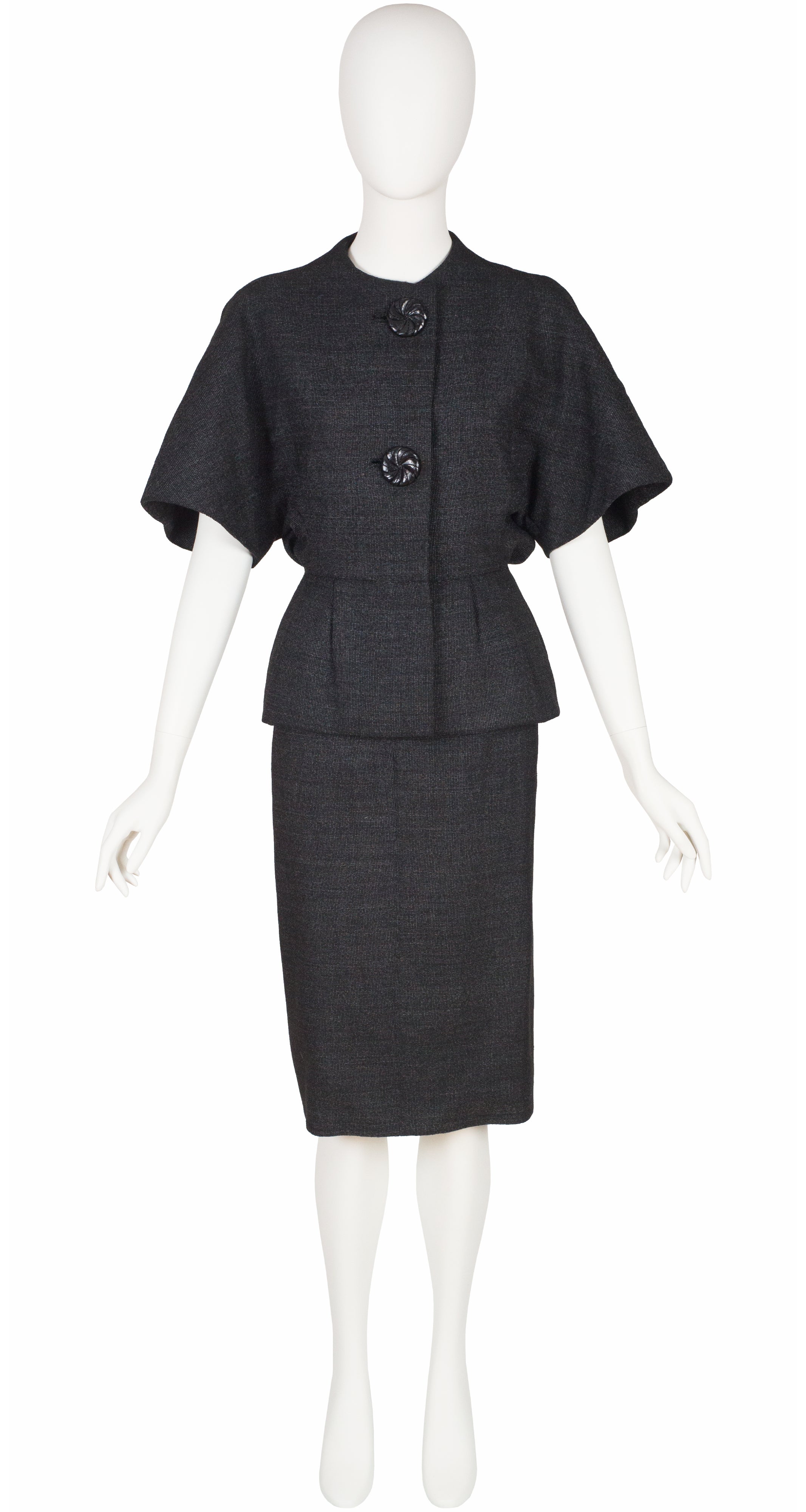 1950s Couture Gray Wool Structured Peplum Skirt Suit
