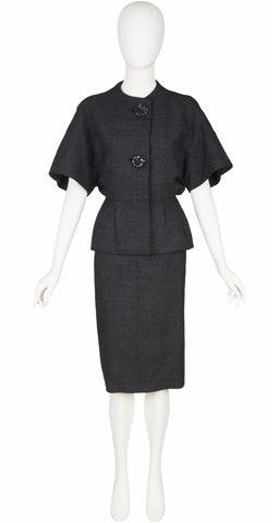 1950s Couture Gray Wool Structured Peplum Skirt Suit