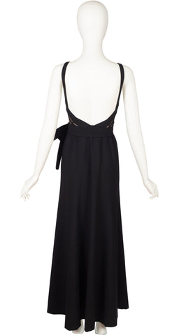 1970s Couture Eyelet Black Wool Crepe Evening Gown