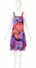 1970s Floral Silk Chiffon Drop Waist Dress