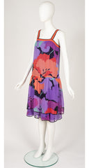 1970s Floral Silk Chiffon Drop Waist Dress