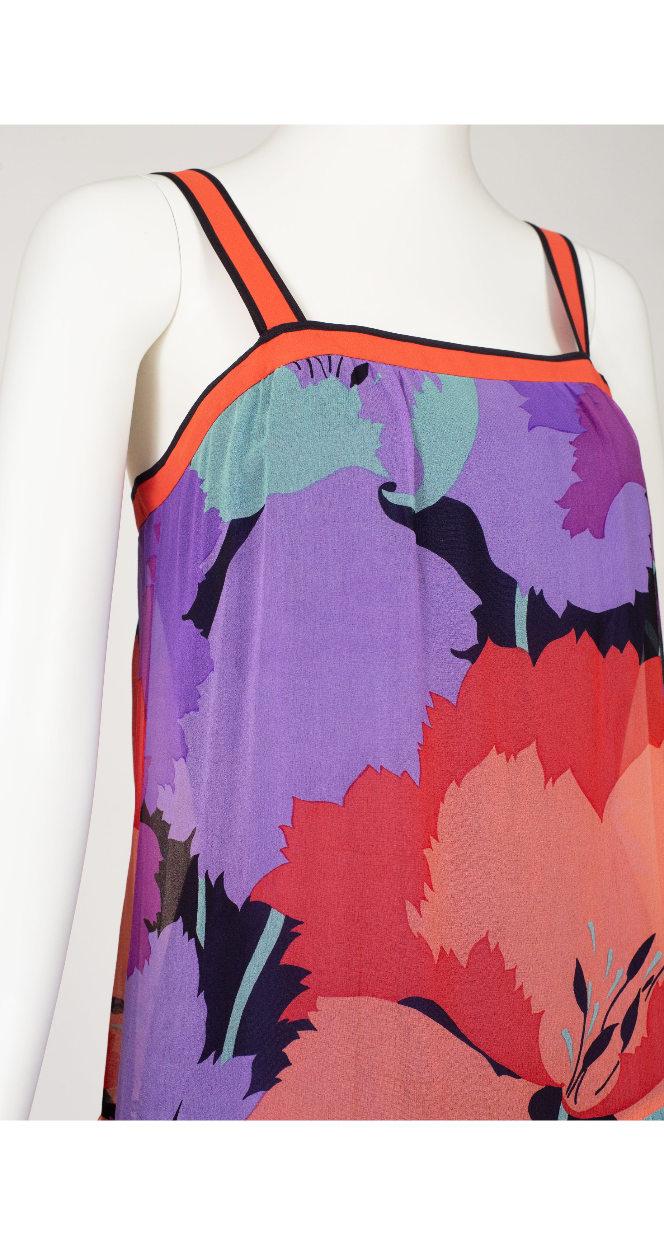 1970s Floral Silk Chiffon Drop Waist Dress