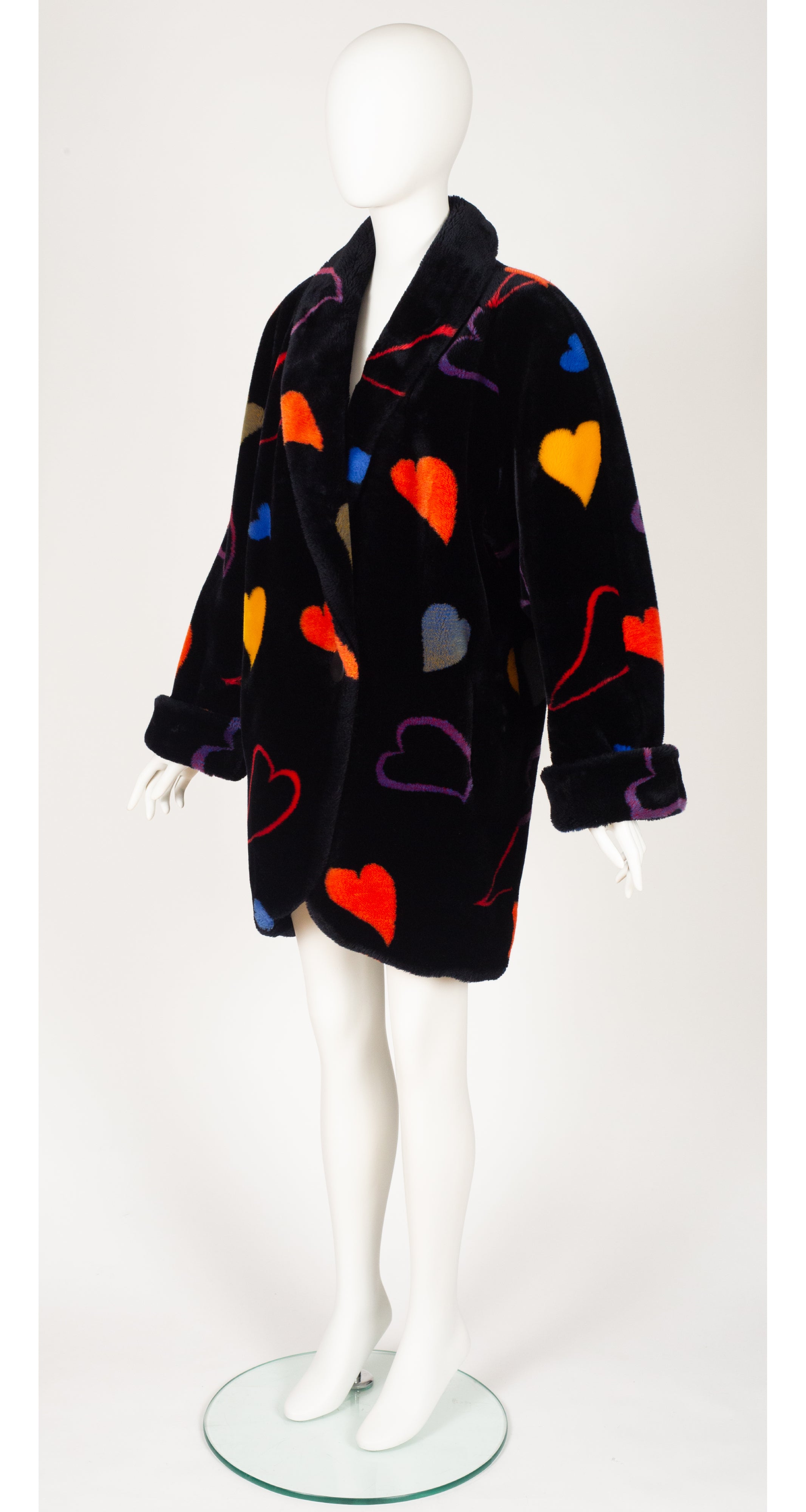 1980s Heart Print Black Faux Fur Coat
