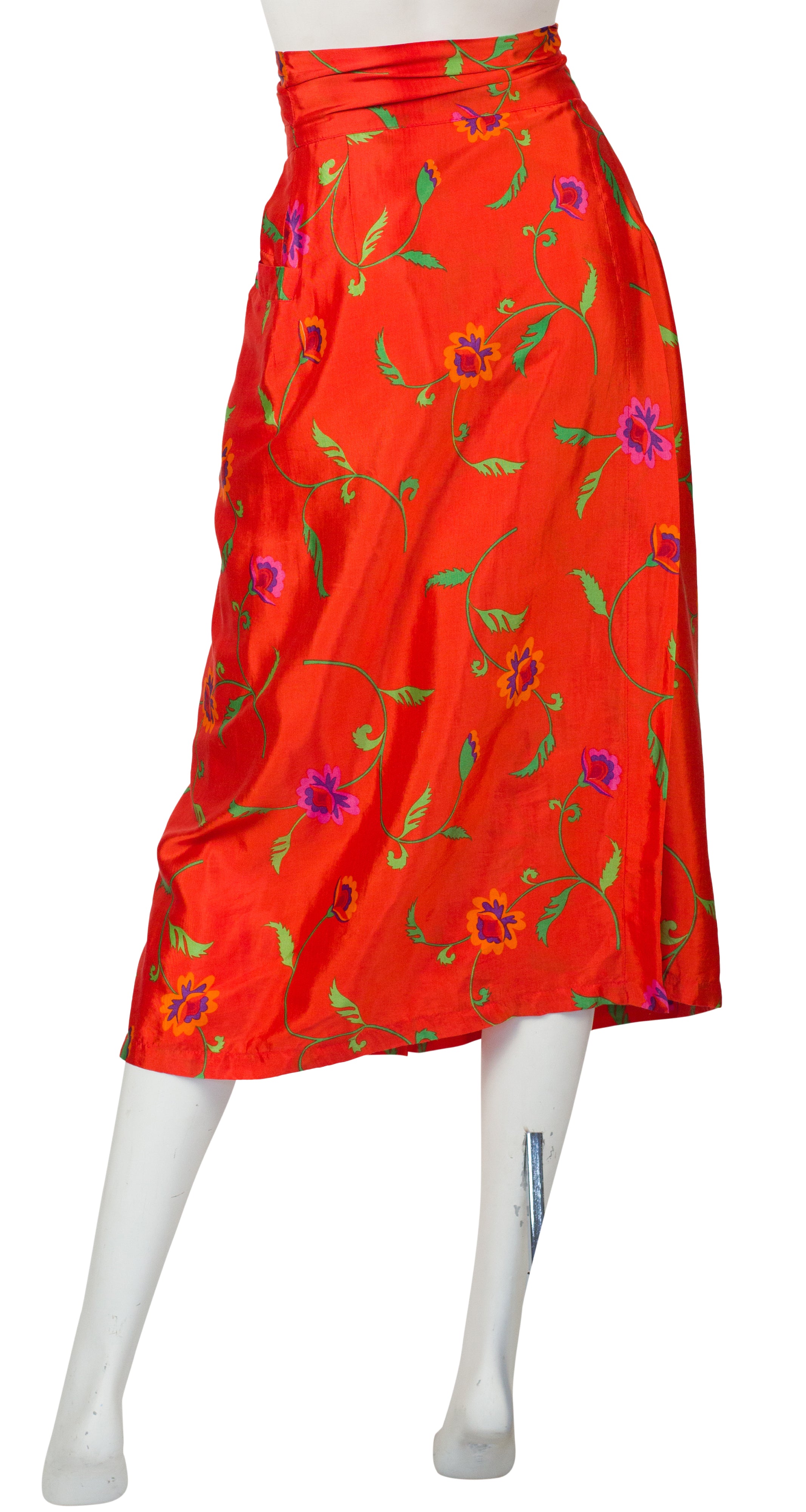 1978 S/S Documented Floral Blood Orange Rayon Wrap Skirt