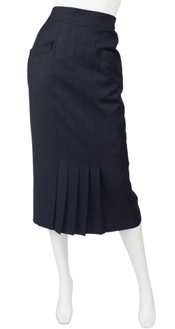 1980s Pleated Navy Wool Midi Pencil Skirt