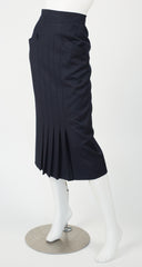 1980s Pleated Navy Wool Midi Pencil Skirt