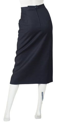 1980s Pleated Navy Wool Midi Pencil Skirt