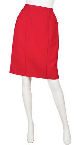 1980s Logo Red Worsted Wool Pencil Skirt