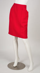 1980s Logo Red Worsted Wool Pencil Skirt
