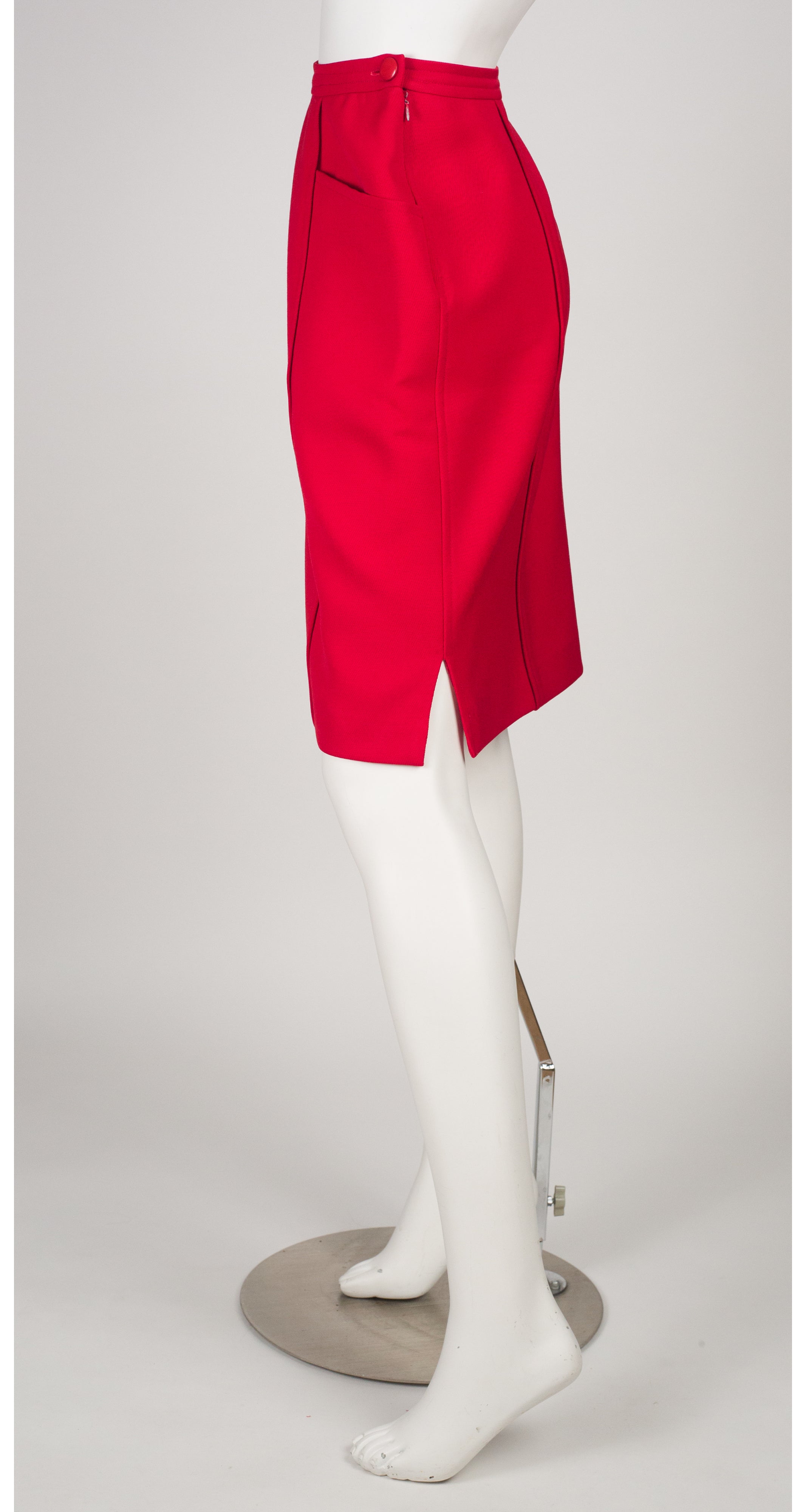 1980s Logo Red Worsted Wool Pencil Skirt