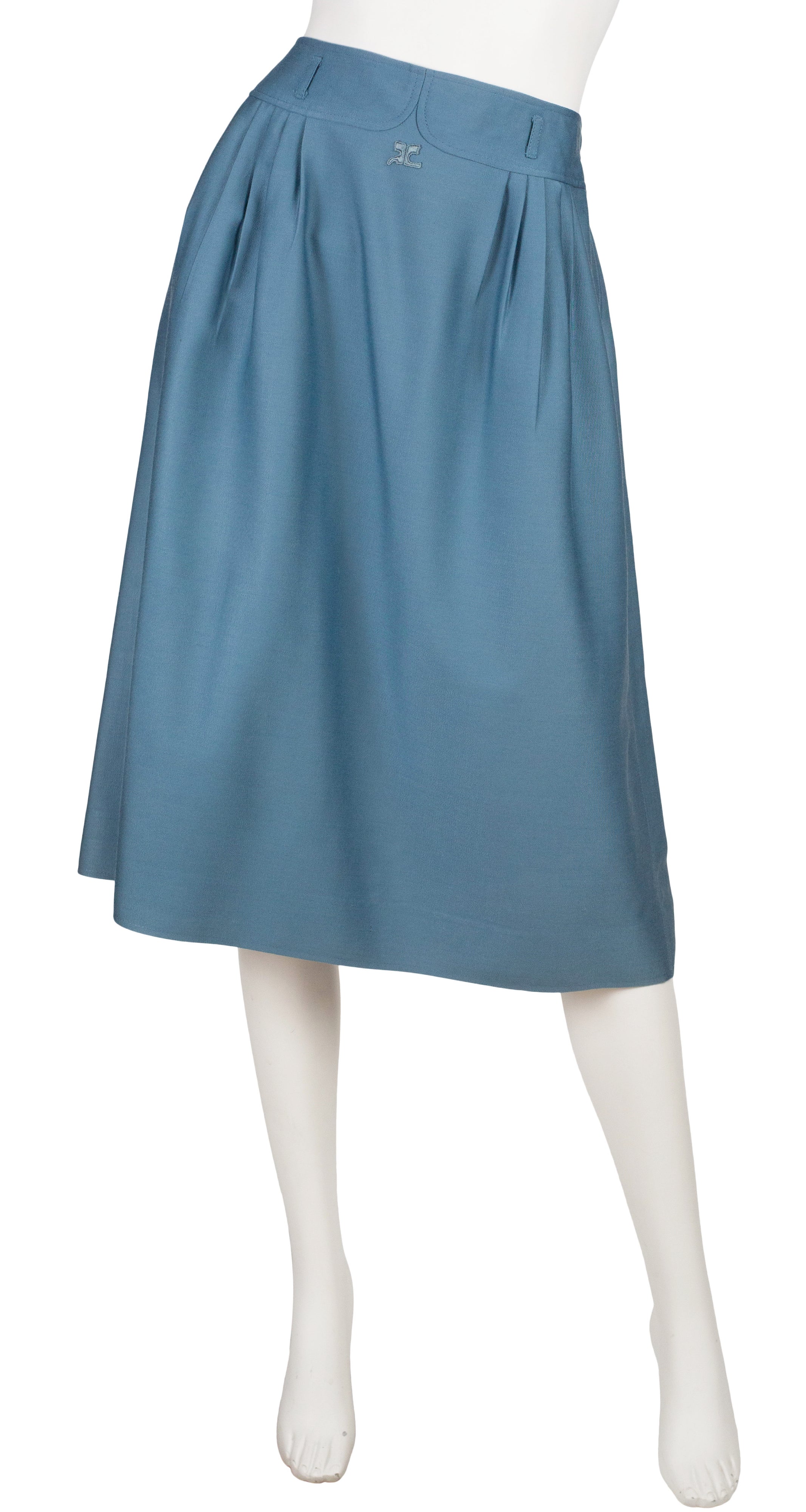 1970s Logo Blue Wool Pleated A-Line Midi Skirt