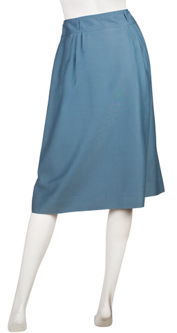 1970s Logo Blue Wool Pleated A-Line Midi Skirt