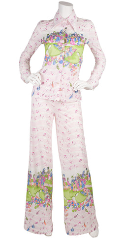 1970s Musical Notes Blouse & Wide-Leg Pants Set