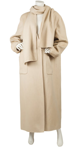 1990s Beige Wool & Silk Coat w/ Scarf