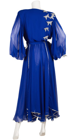 1980s Butterfly Appliqué Blue Chiffon Evening Dress