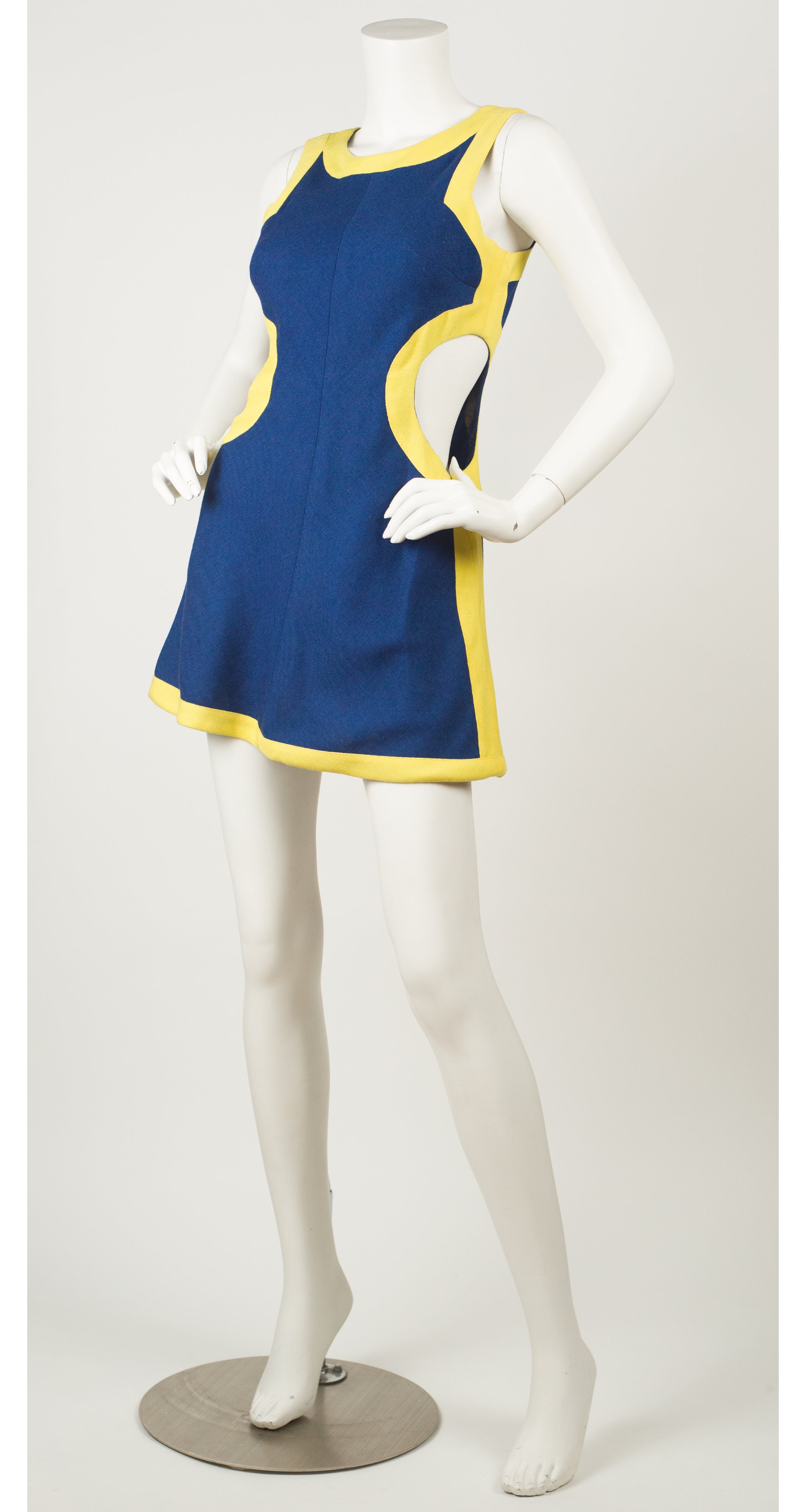 Mister Leonard 1960s Vintage Mod Blue & Yellow Cut-Out Mini Dress – Featherstone Vintage Mister Leonard 1960s Vintage Mod Blue & Yellow Cut-Out Mini Dress – Featherstone Vintage