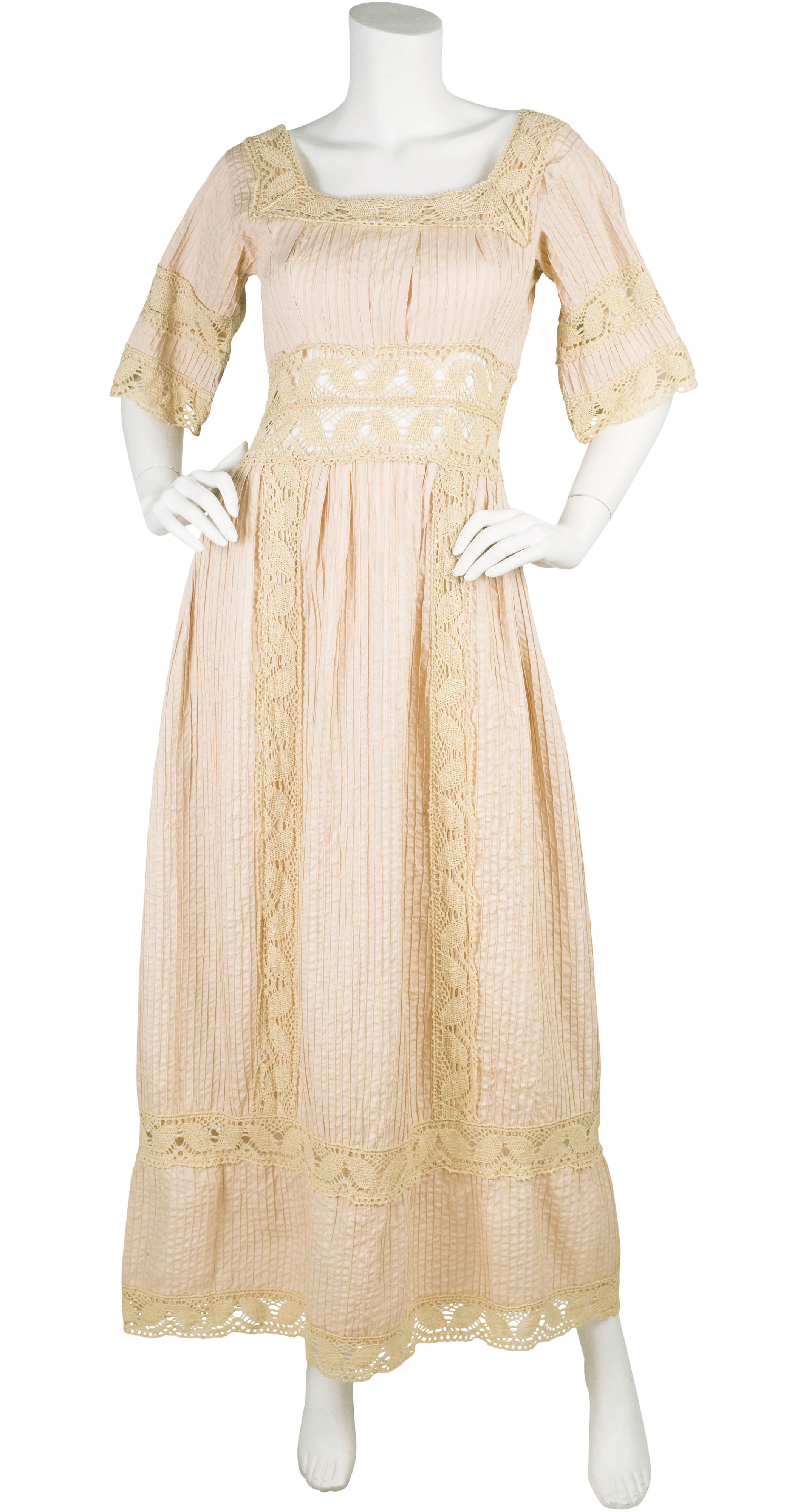 1970s Cream Crochet & Pintuck Cotton Mexican Wedding Dress