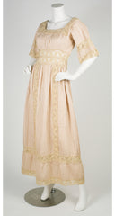 1970s Cream Crochet & Pintuck Cotton Mexican Wedding Dress