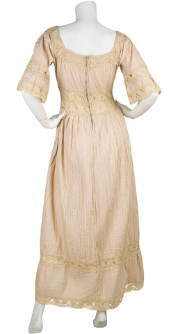 1970s Cream Crochet & Pintuck Cotton Mexican Wedding Dress