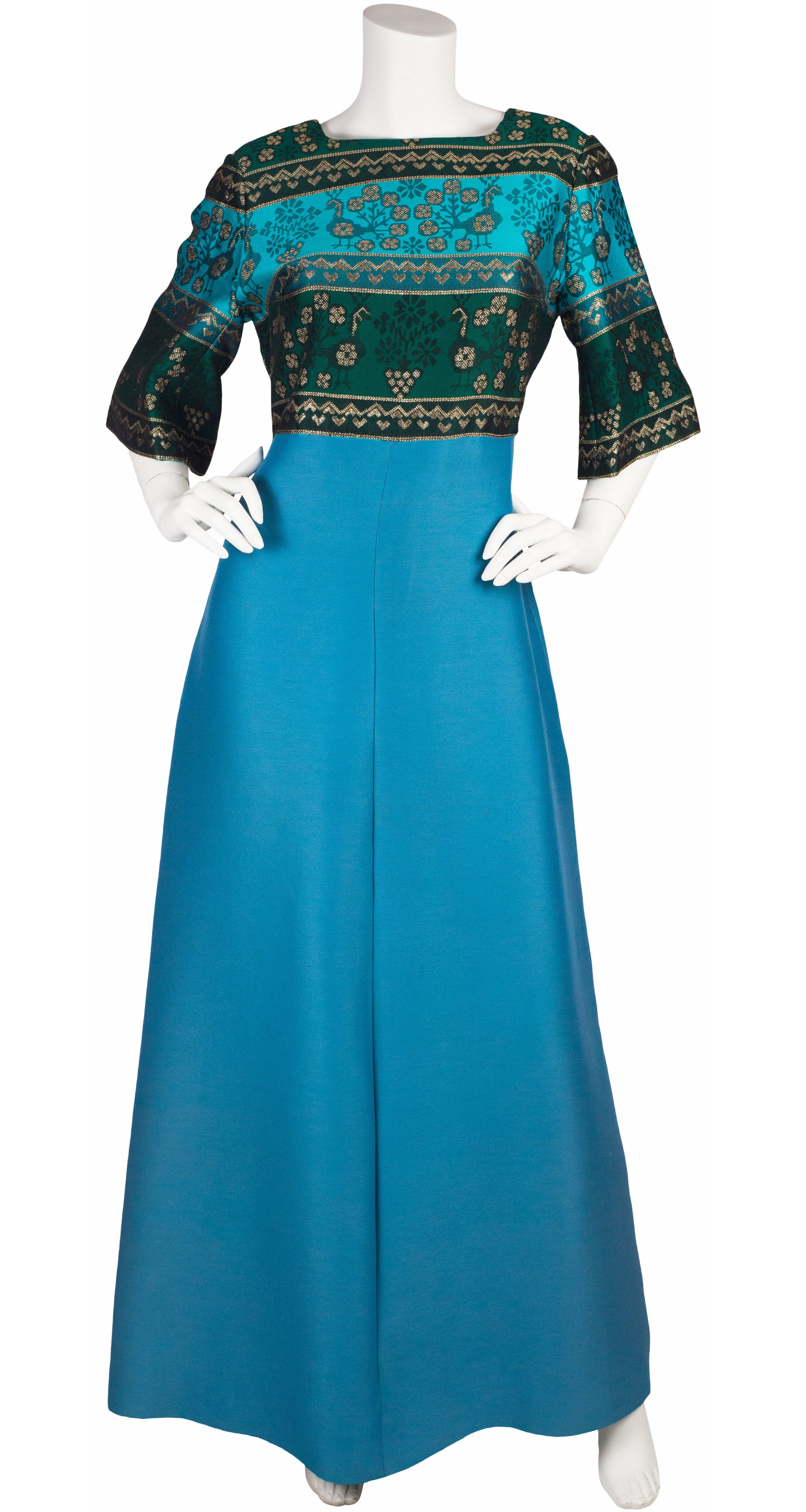 1960s Metallic Peacock Blue & Green Gown