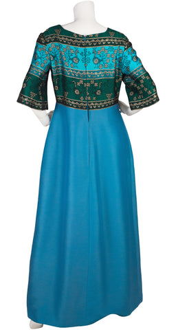1960s Metallic Peacock Blue & Green Gown