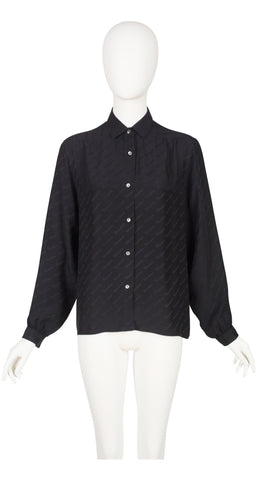 1970s Signature Black Silk Jacquard Collared Blouse