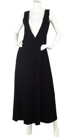 1960s Plunge Neck Black Velvet Palazzo Jumpsuit