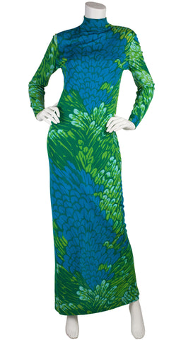 1970s Green & Blue Feather Print Silk Jersey Dress