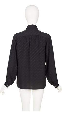1970s Signature Black Silk Jacquard Collared Blouse