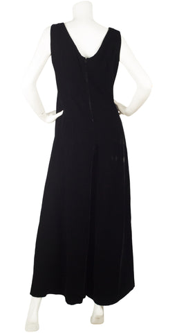 1960s Plunge Neck Black Velvet Palazzo Jumpsuit