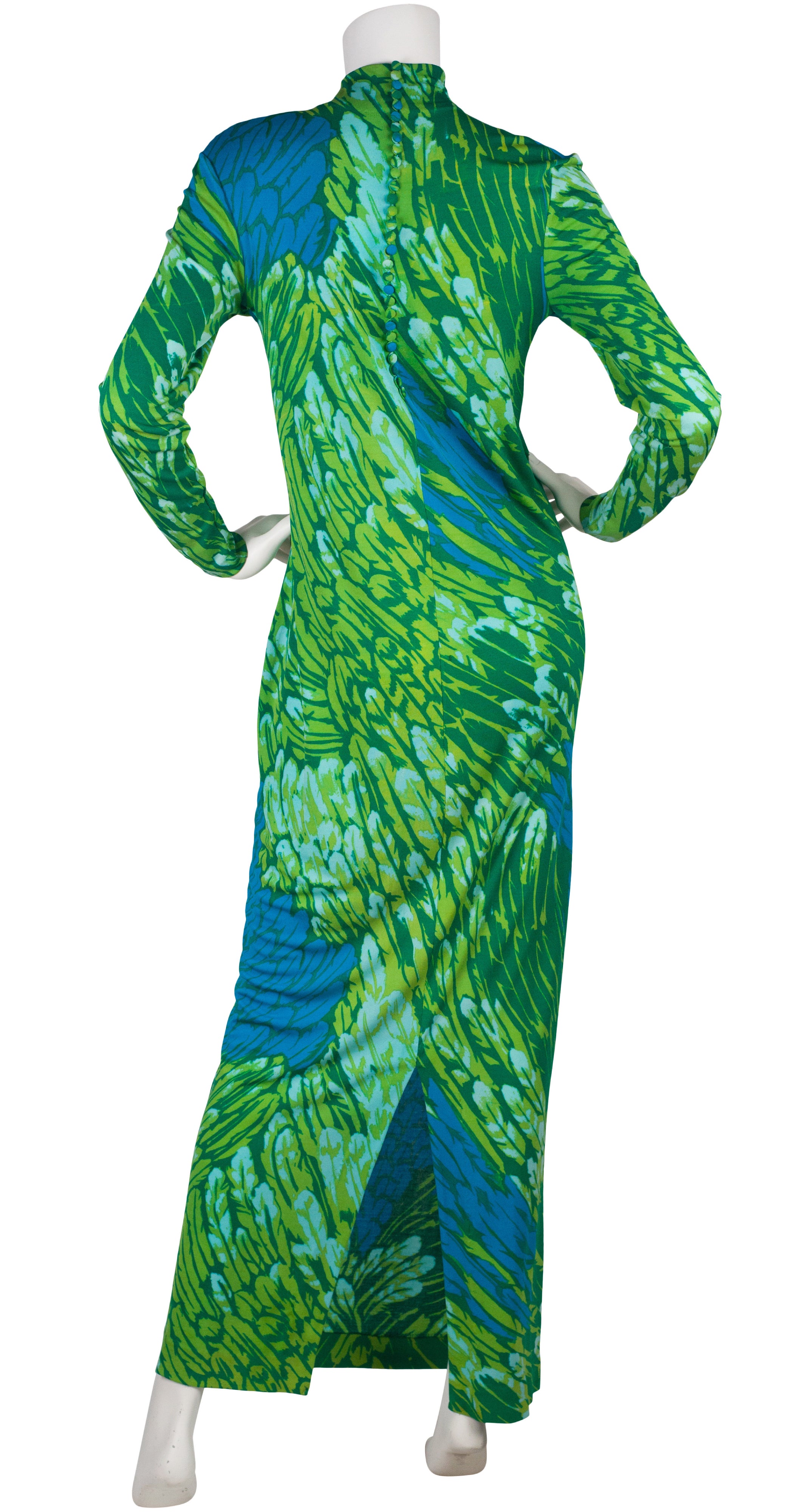 1970s Green & Blue Feather Print Silk Jersey Dress