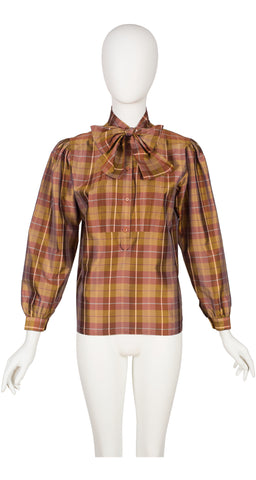 1970s Plaid Silk Taffeta Tie-Neck Bib Blouse