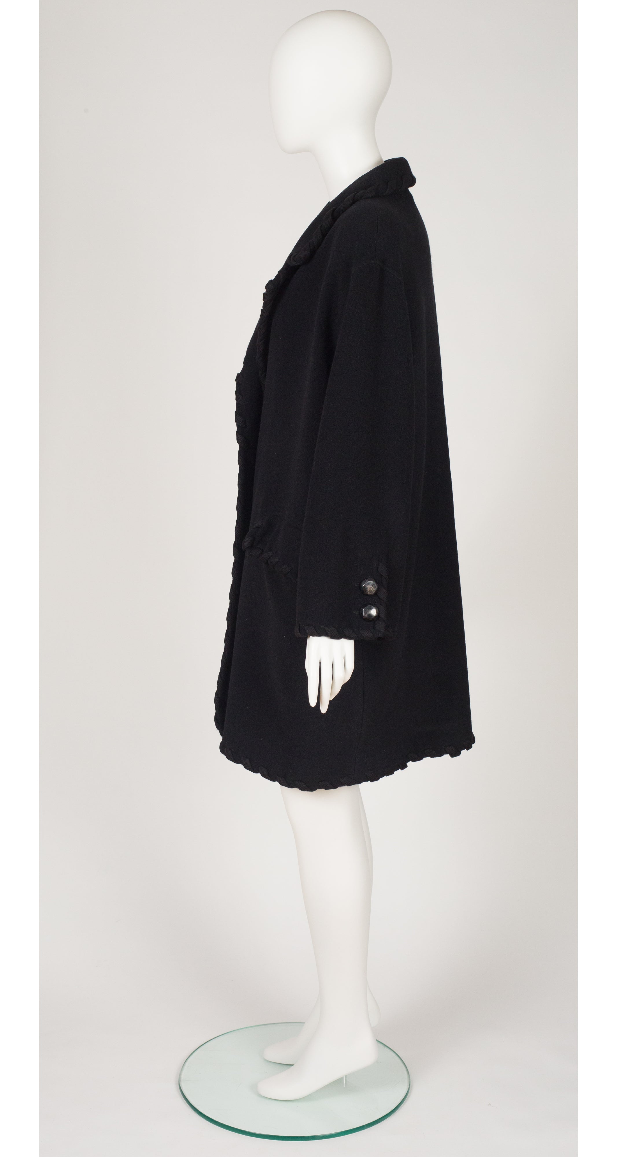 1991-92 F/W Rope Trim Black Wool Collared Oversized Coat