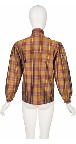 1970s Plaid Silk Taffeta Tie-Neck Bib Blouse