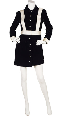 1960s Black Velvet & White Satin Suspender Mini Dress