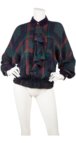 1980s Plaid Jacquard Silk Ruffle Blouse