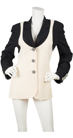 1990s Monochrome Silk Crêpe Racerback Trompe L'oeil Blazer