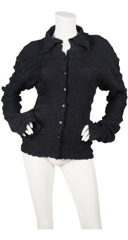 1990s Black Pleated Sculptural Blouse w/ Extra Long Sleeves