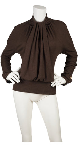 1980s Jabot Brown Angora Dolman Sleeve Top