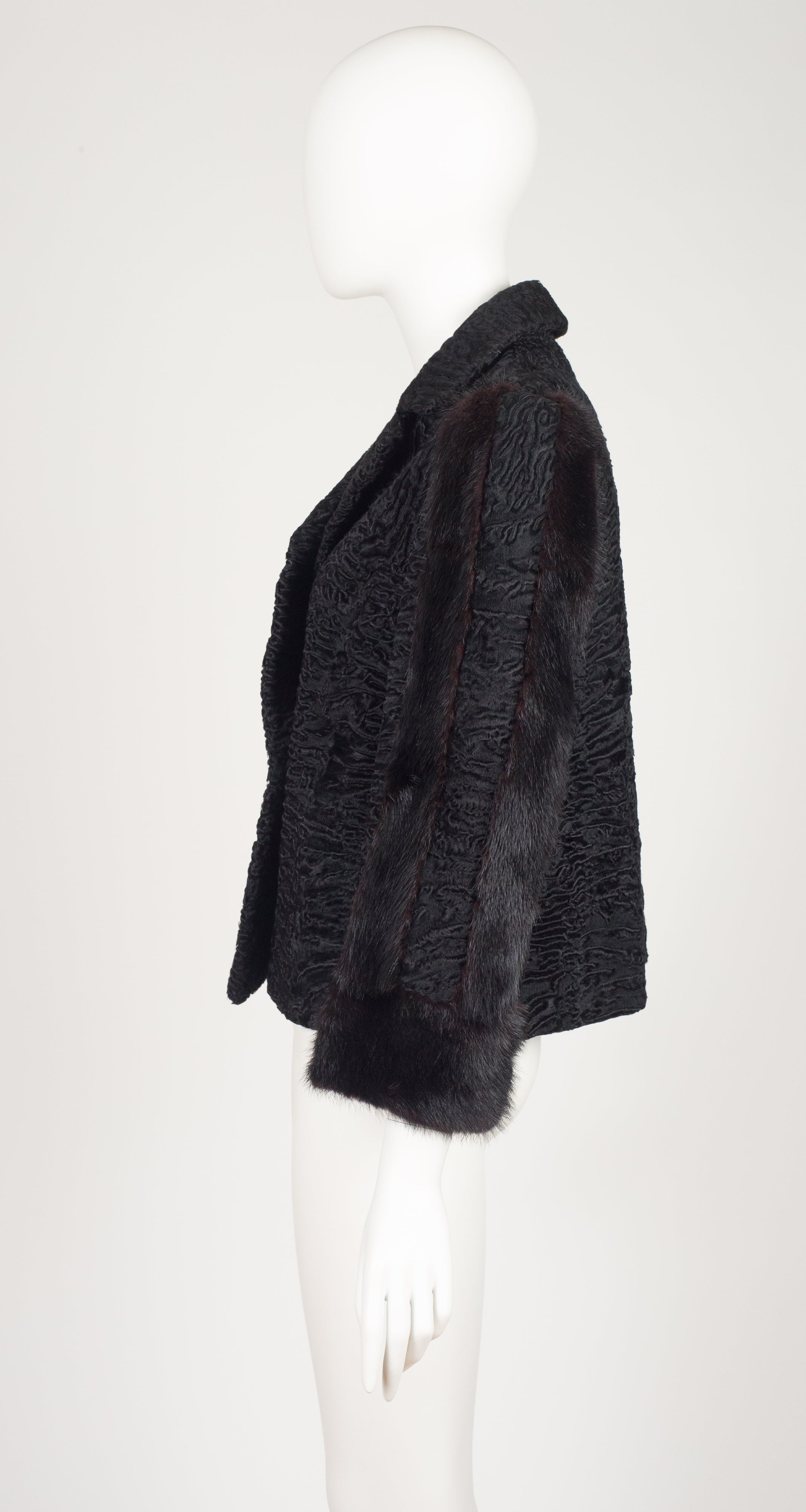 1970s Black Persian Lamb Mink Fur Trim Collared Jacket