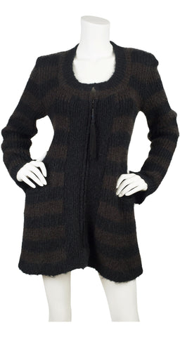 1970s Striped Brown & Black Wool Tassel Zip-Up Cardigan