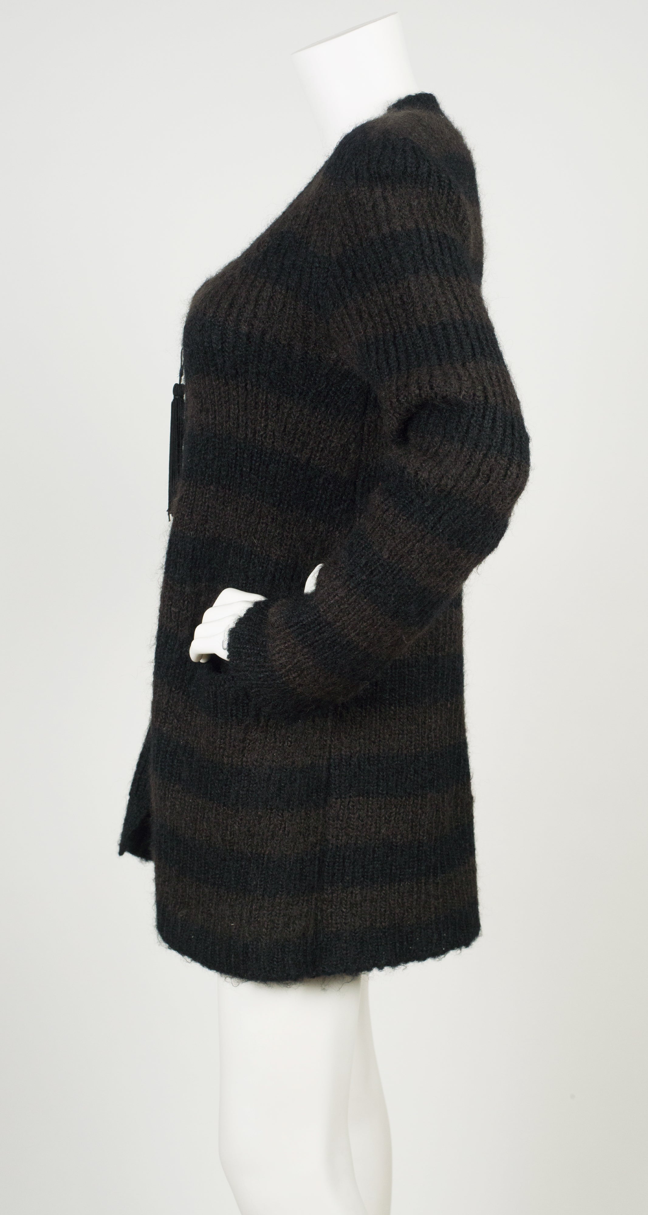 1970s Striped Brown & Black Wool Tassel Zip-Up Cardigan