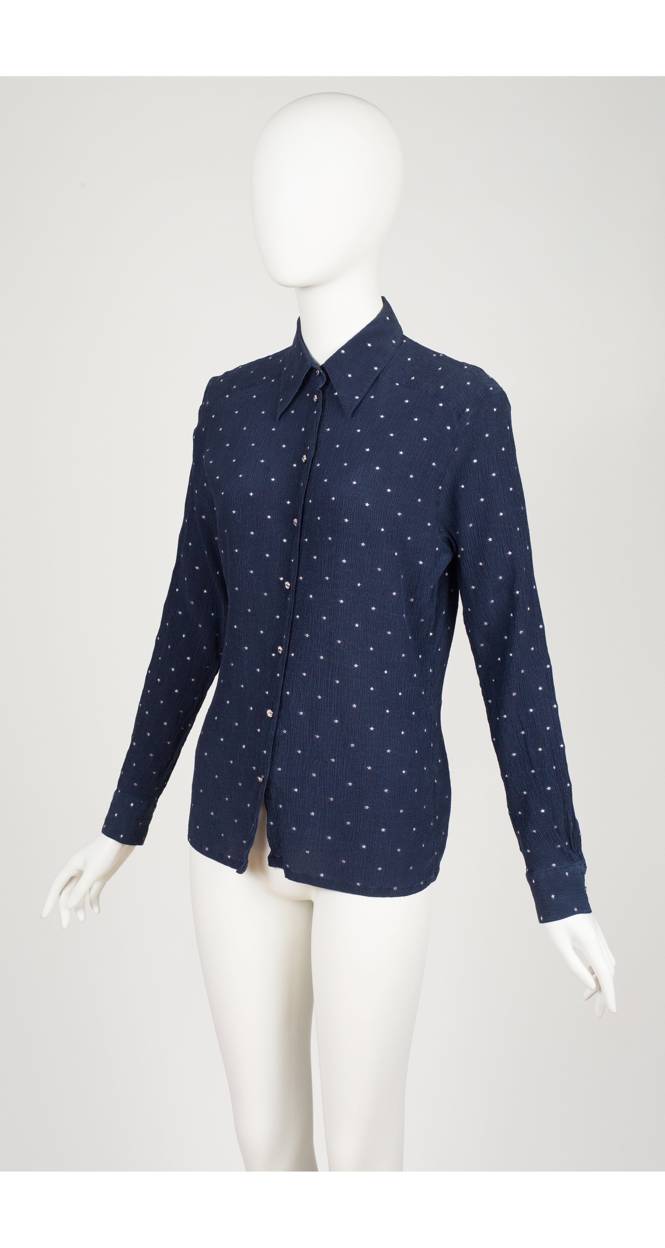 1990s Silver Star Navy Silk Collared Button-Up Blouse