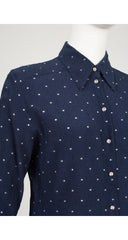 1990s Silver Star Navy Silk Collared Button-Up Blouse