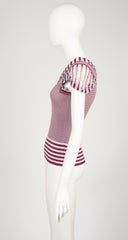 2000s Pleated Silk Chiffon Trim Striped Knit Top