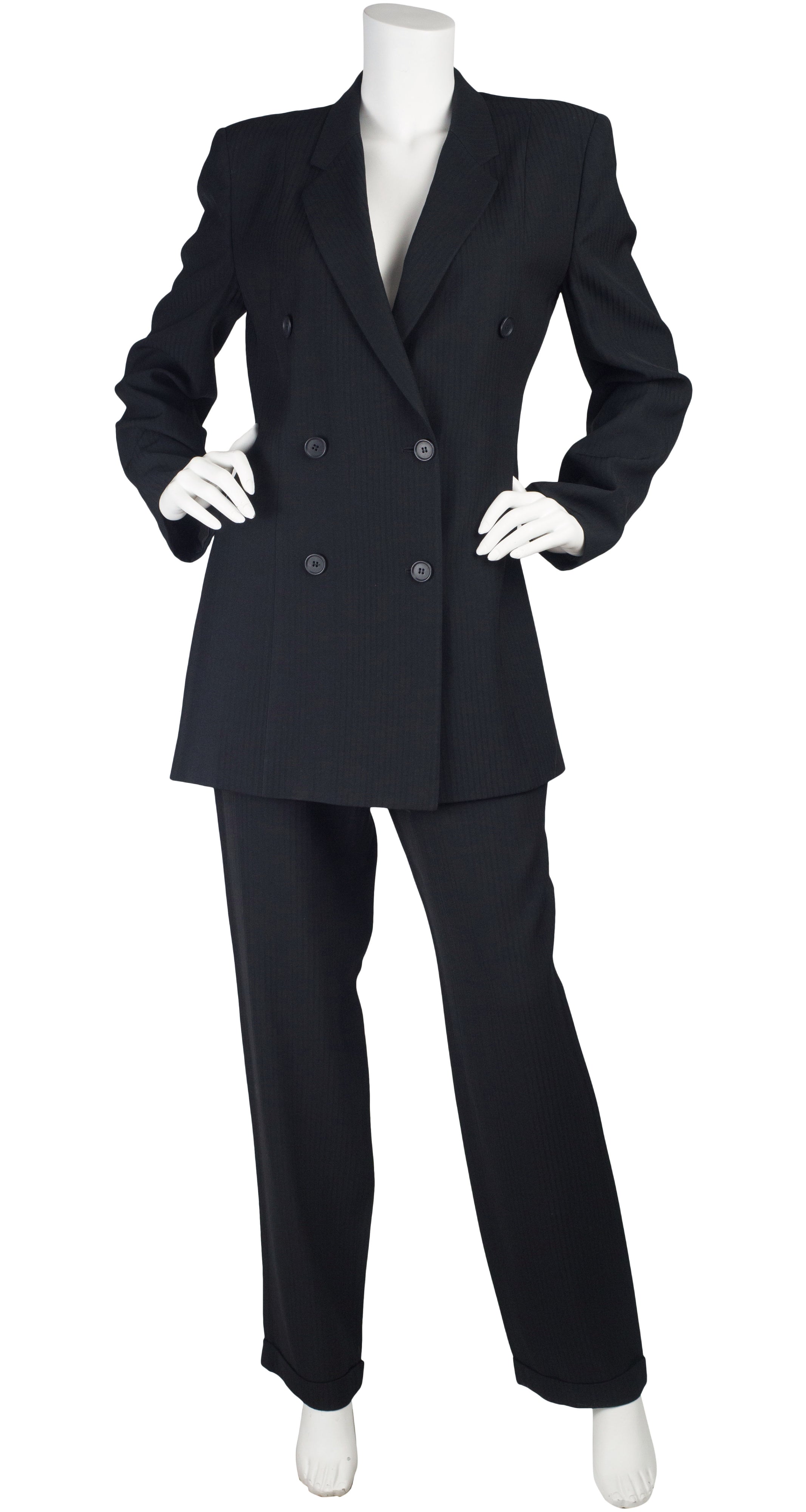 1990s Black Wool Double-Breasted Pant Suit