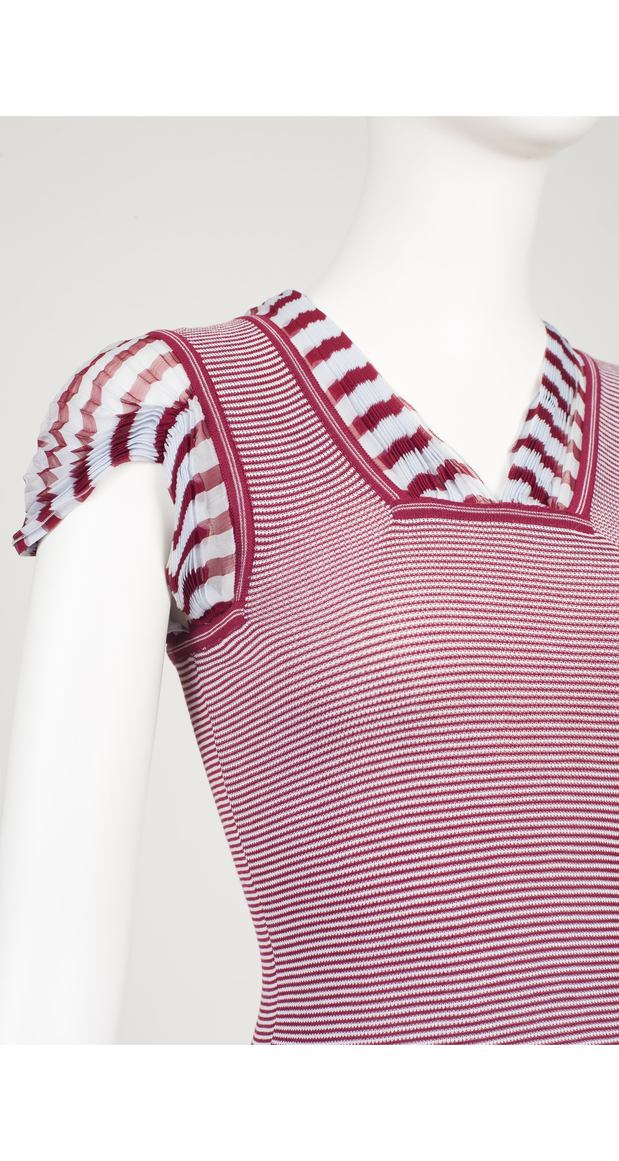 2000s Pleated Silk Chiffon Trim Striped Knit Top