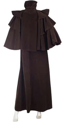1970s British Brown Cotton Corduroy Ruffle Cloak