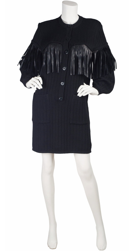 Givenchy 1989-90 F/W Runway Black Leather Fringe Sweater Dress
