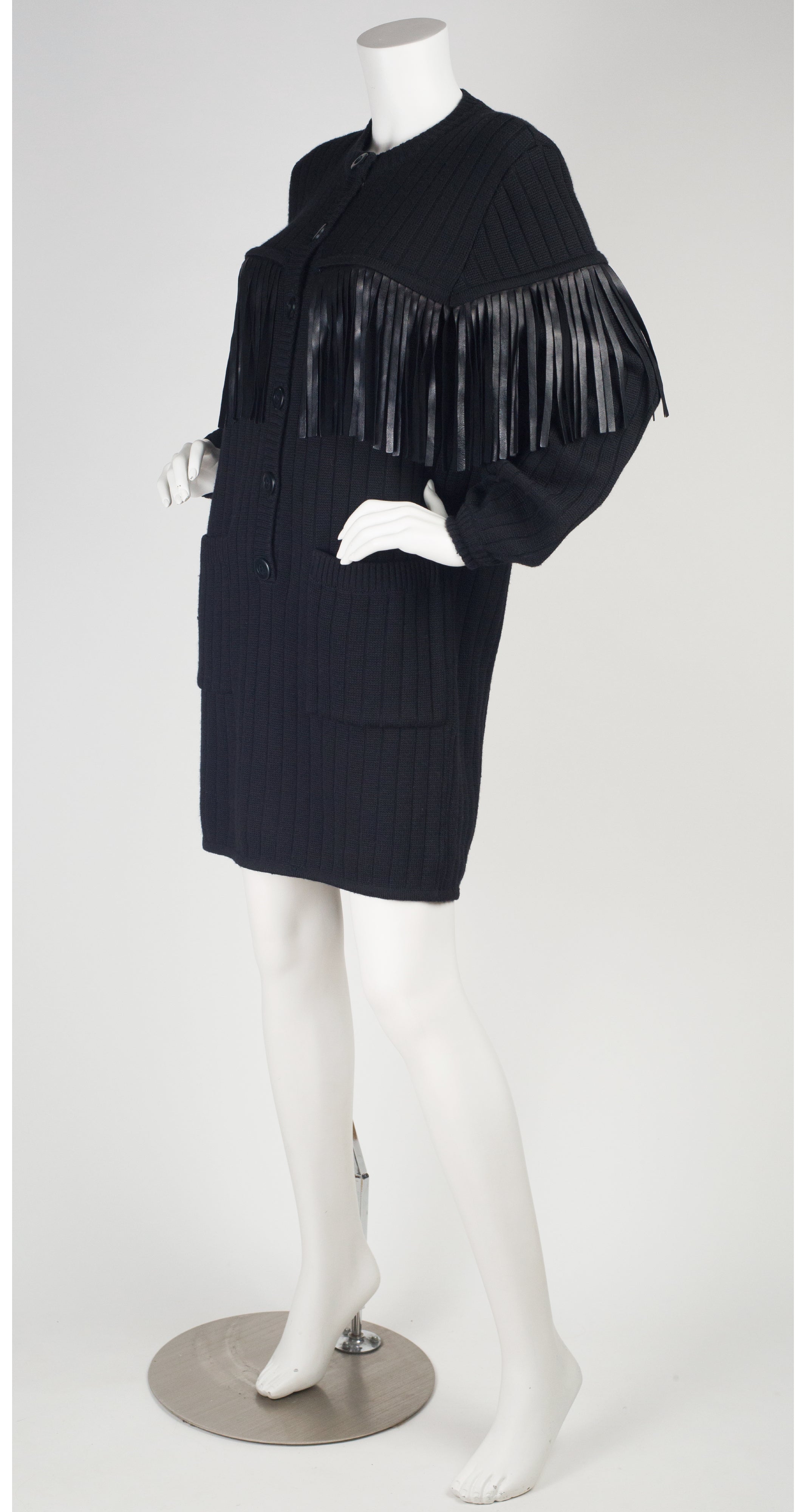 Givenchy 1989-90 F/W Runway Black Leather Fringe Sweater Dress Featherstone Vintage Givenchy 1989-90 F/W Runway Black Leather Fringe Sweater Dress Featherstone Vintage